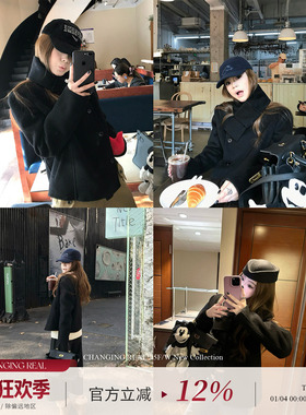 CHANGING REAL柏林雾语 高级感黑色双排扣两穿围巾双面呢短款外套