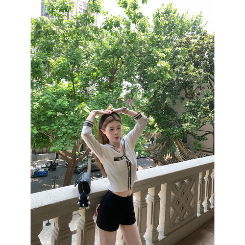 CHANGINGREAL海军领针织上衣女