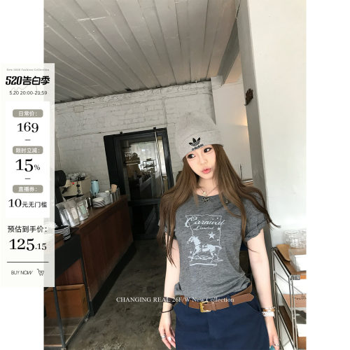 CHANGING REAL 小马tee 灰色印花短袖T恤夏季韩系显瘦圆领上衣