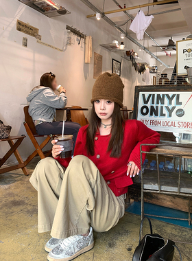 CHANGING REAL 科文特花园 红色双排扣毛衣宽松百搭减龄短款上衣