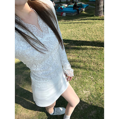 CHANGING REAL 尼罗河之春 白色蕾丝内搭打底衫女百搭修身上衣