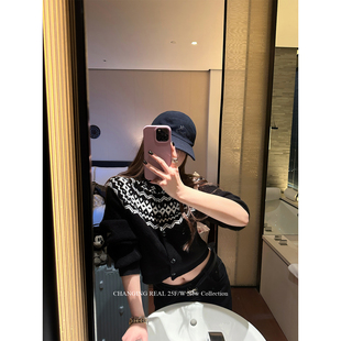 CHANGING REAL 佩里画廊 黑白撞色费尔岛毛衣女短款针织开衫外套