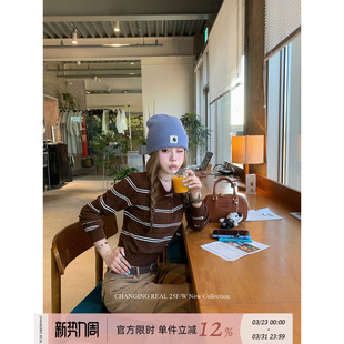 女长袖 CHANGING 棕色条纹针织polo衫 布朗可可 撞色毛衣上衣 REAL