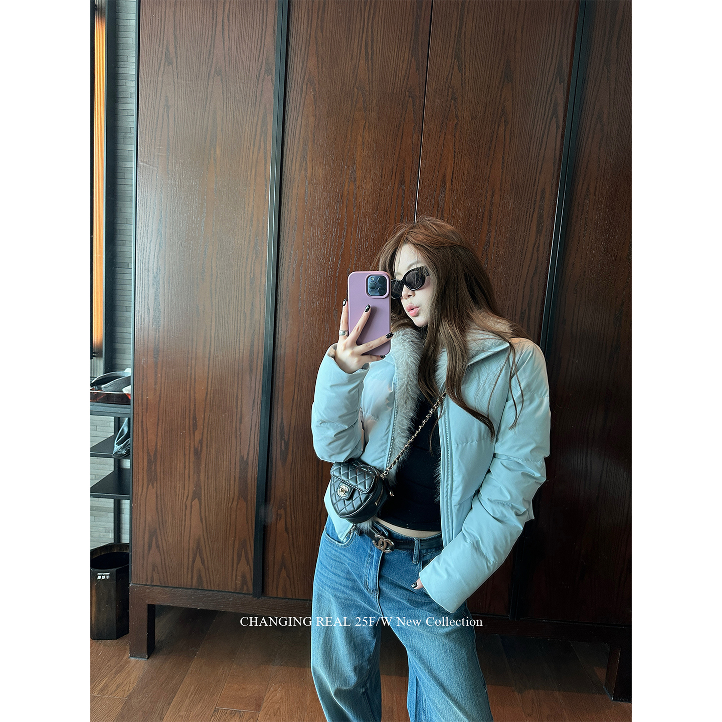 CHANGINGREAL蓝色毛领羽绒服女