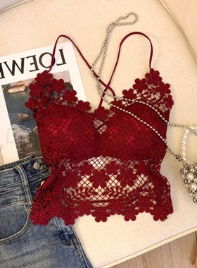 红色露背蕾丝吊带背心女外穿带胸垫美背文胸一体内搭打底挂脖上衣