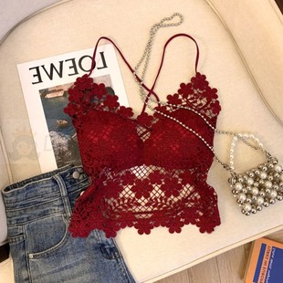 红色露背蕾丝吊带背心女外穿带胸垫美背文胸一体内搭打底挂脖上衣