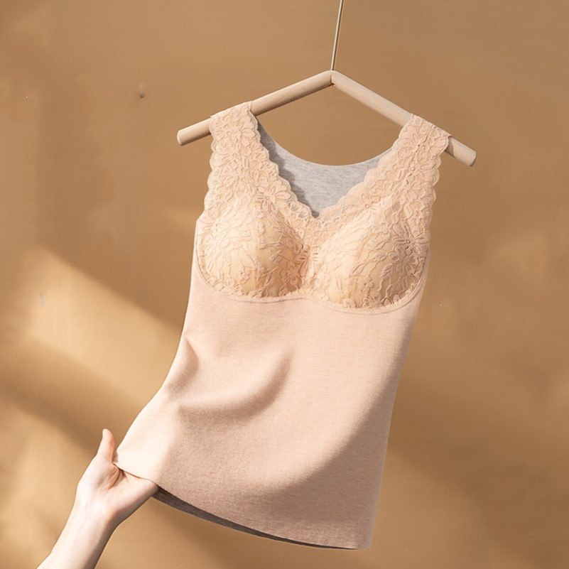 免穿文胸保暖背心女德绒加绒加厚无痕蕾丝带胸垫内衣美背打底衫冬