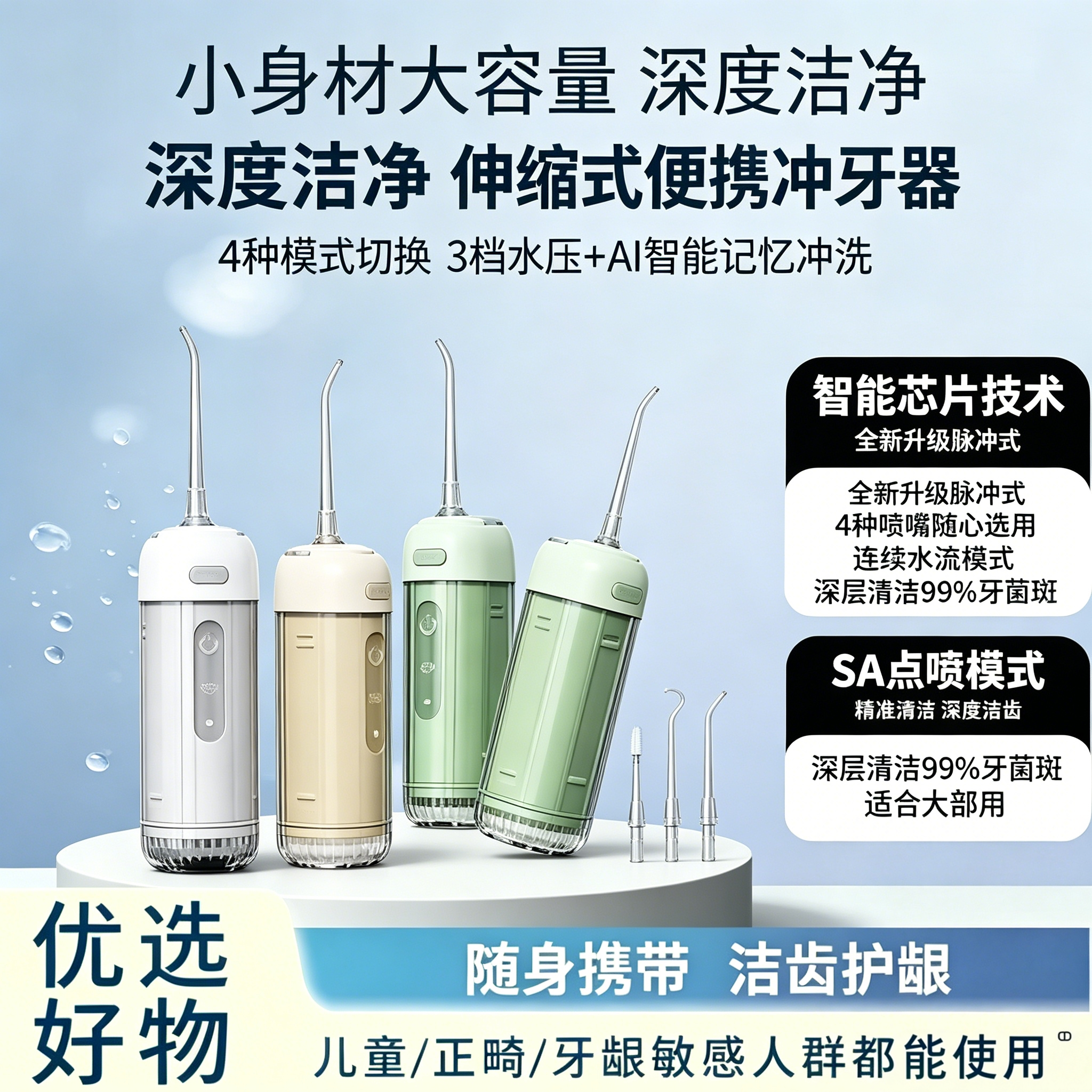 高颜值便携冲牙器 AI 记忆档位精细脉冲护龈去除口臭牙垢洁牙神器