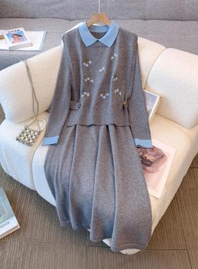 2025秋冬新款高级感针织马甲背心叠穿打底连衣裙大码女装胖mm套装