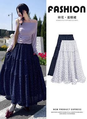 半身裙女春2025新款韩式复古蓝色碎花高腰 a字裙休闲慵懒风长