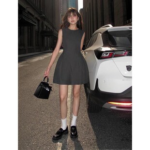 NEVAHU灰色无袖 叠穿气质收腰小个子短裙 背心连衣裙女2024春秋新款