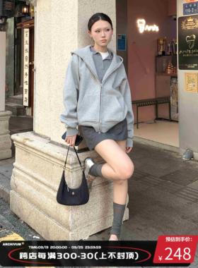 Archivum 灰色宽松大廓形感连帽套头卫衣女空气层oversize厚外套