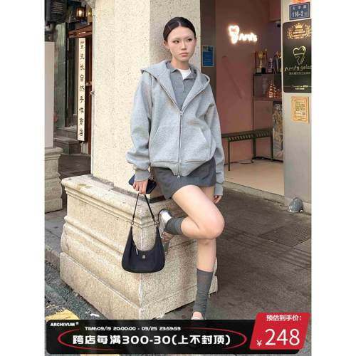 Archivum 灰色宽松大廓形感连帽套头卫衣女空气层oversize厚外套