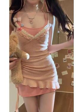 日系甜美纯欲少女蕾丝花边抽绳显瘦不规则吊带裙叠穿连衣裙女套装