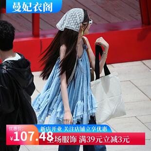 娜扎同款挂脖吊带连衣裙子夏季露背仙气海边度假仙女蓬蓬裙娃娃裙