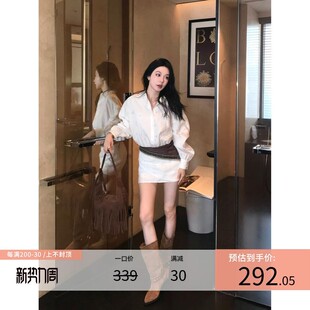 区区欧阳镂空长袖衬衫连衣裙女春季白色辣妹短裙收腰修身显瘦裙子