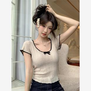 彩娜儿蝴蝶结镂空2024夏季新款针织短袖T恤女装撞色小衫爆款上衣