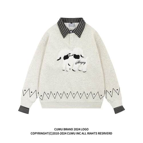 cuwu毛绒游牧小羊假两件polo领卫衣女男春季宽松休闲情侣翻领上衣