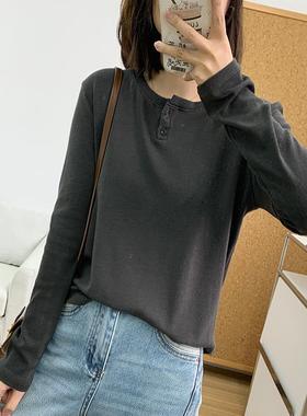 仿羊绒半纽扣圆领长袖T恤女2025春季纯色内搭打底衫简约百搭亨利T