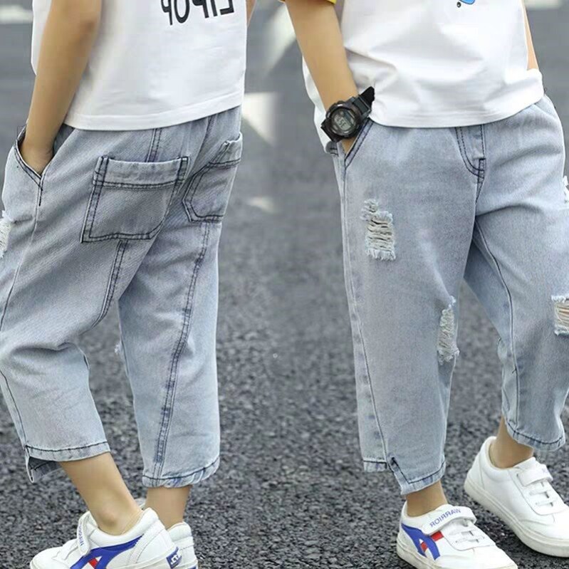 童装男童裤子夏装2022新款韩版儿童宽松破洞牛仔裤薄款夏季9分裤