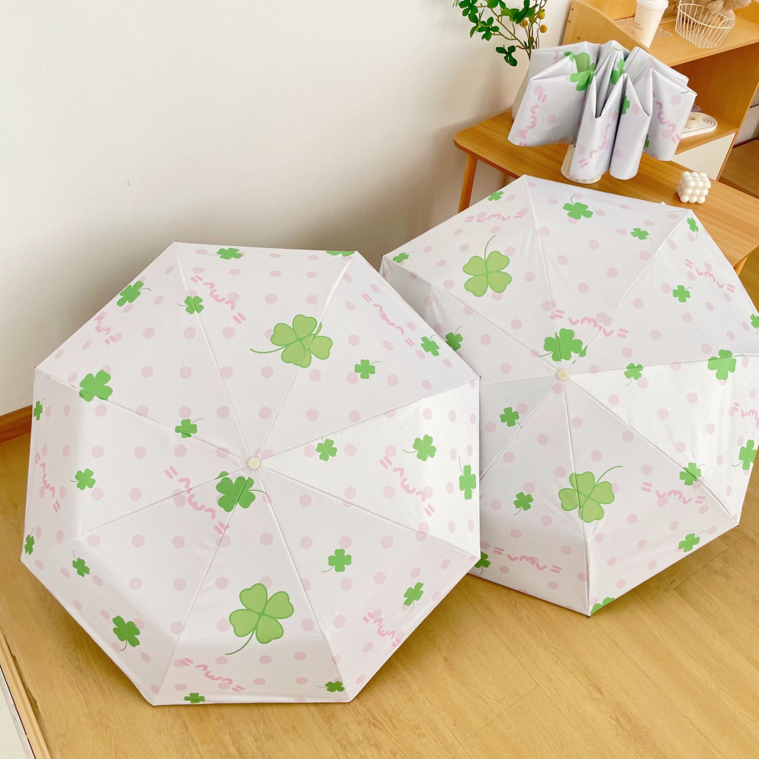 小清新波点四叶草雨伞女全自动晴雨两用黑胶遮阳伞折叠太阳伞