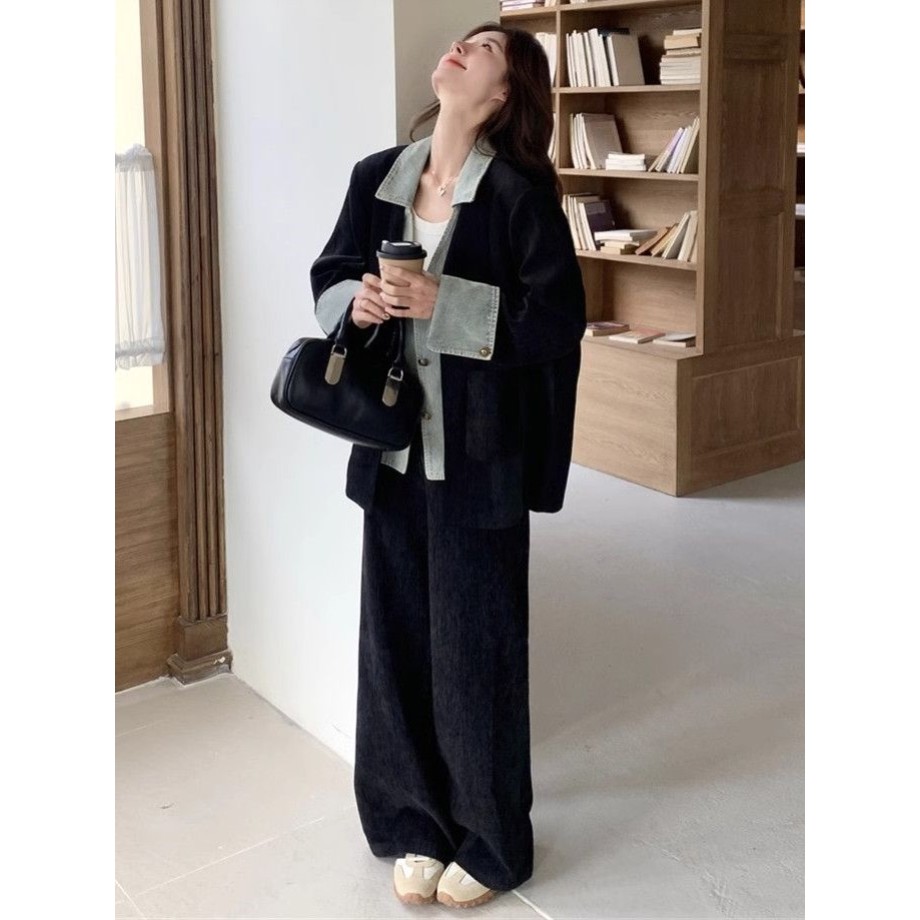 韩版高级感牛仔拼接西装外套阔腿裤两件套女春秋季新款西装套装