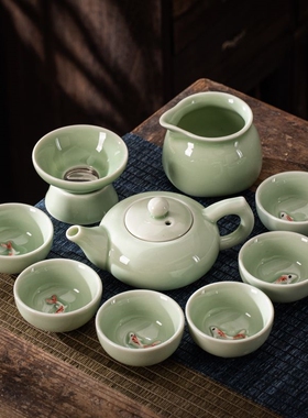 青瓷茶具套装盖碗龙泉壶鱼杯茶洗茶具套装红色彩鲤鱼青瓷茶具套装