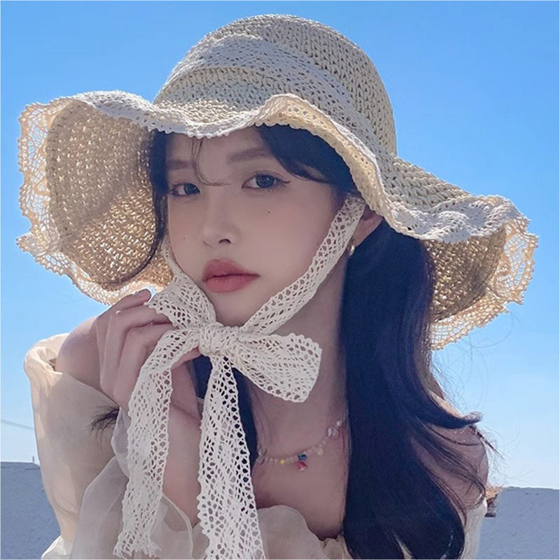 海边沙滩帽大头围镂空草帽蕾丝边遮阳帽出游度假防晒帽女草编帽子