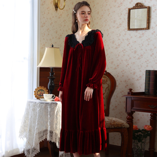 冬女款宫廷风睡裙女高级感金丝绒睡衣本命年红色冬季法式睡袍长款