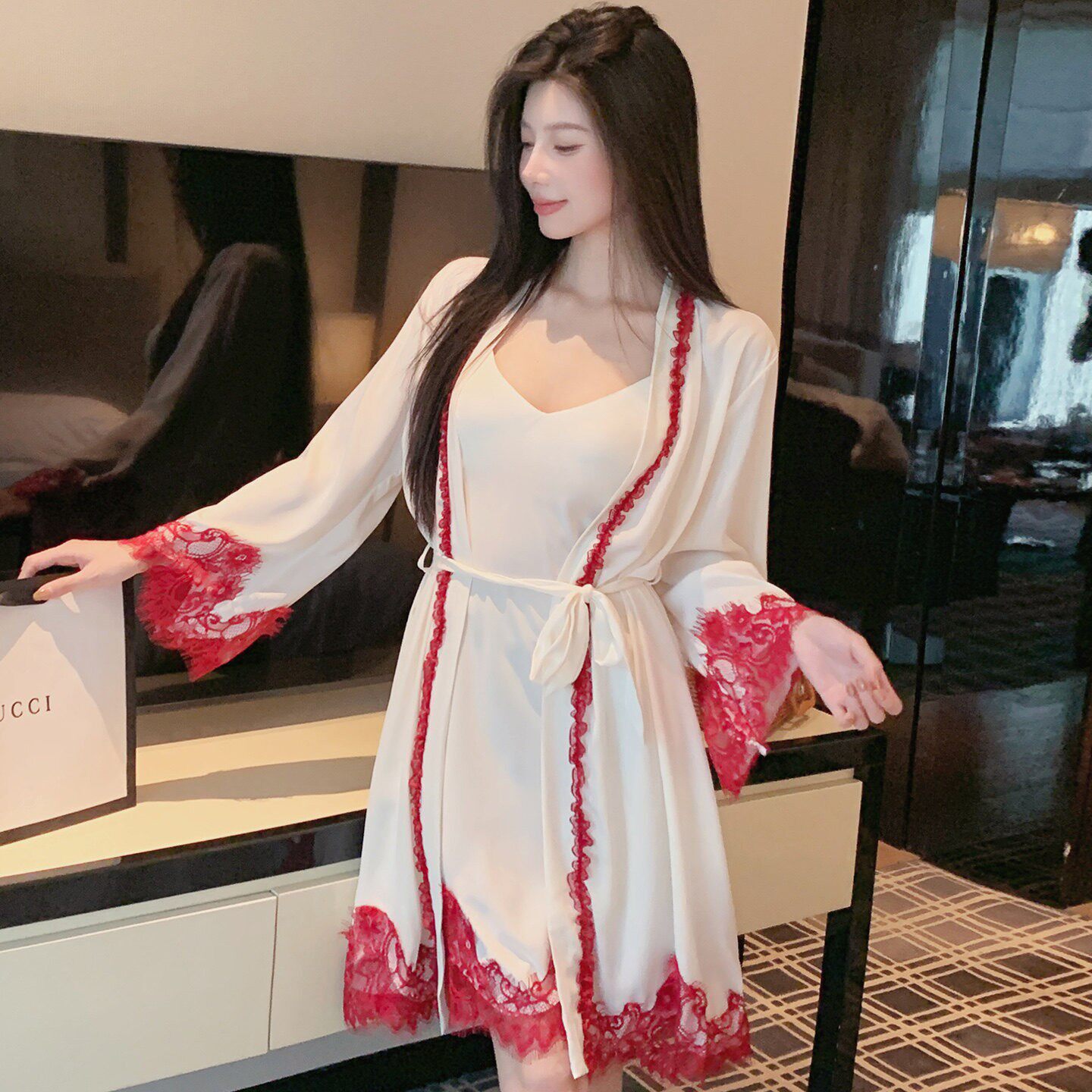 夏季醋酸吊带睡衣两件套女夏带胸垫性感纯欲风睡裙女士高级感睡袍