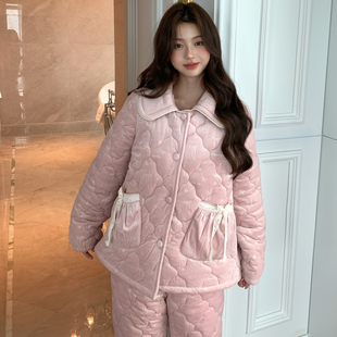 冬季特厚三层夹棉睡衣女冬天甜美开衫加厚长袖长裤家居服可外穿冬