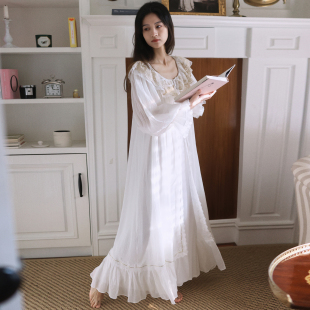 法式复古吊带睡衣两件套女款高级睡袍女带胸垫晨袍宫廷风睡裙套装