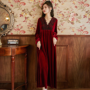 女士金丝绒睡裙红色女冬季长款女款性感睡袍睡衣高级感本命年冬裙
