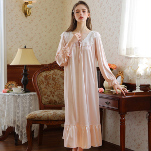 法式公主风女士冰丝睡衣女2025新款粉色女款长袖睡裙长款蕾丝睡袍
