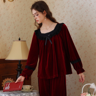 女款高级感金丝绒睡衣女冬季加厚加绒宫廷风长袖长裤家居服套装冬