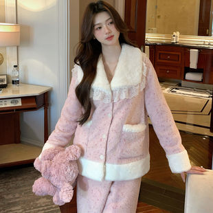 冬女款甜美公主风睡衣女冬季加厚加绒可外穿高级感女士家居服套装