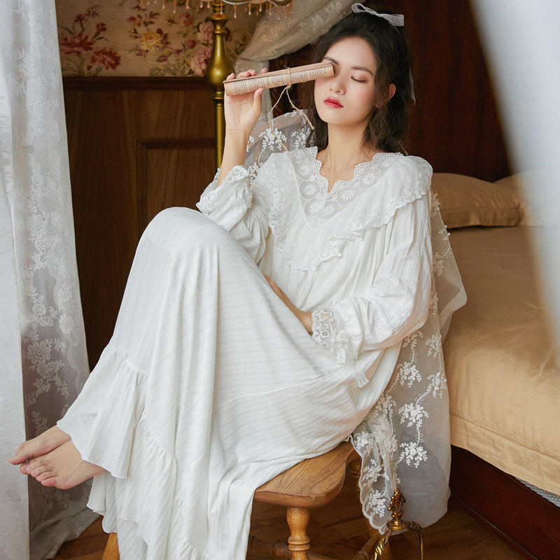 3夏季长袖睡裙女纯棉长裙脚踝法式超长宫廷风睡衣白色长款公主大码