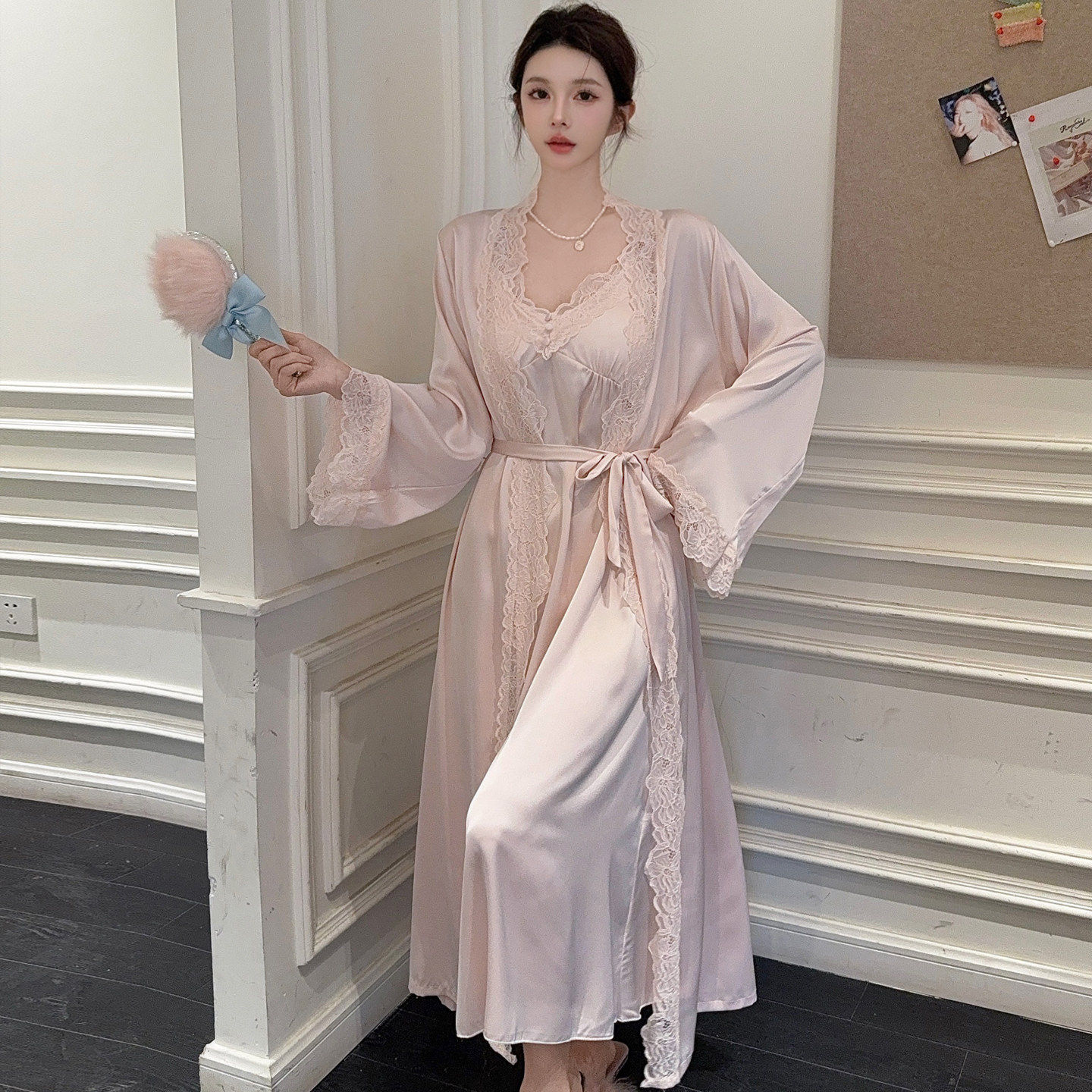 法式冰丝吊带睡衣两件套女带胸垫女款纯欲性感睡裙长款睡袍高级感