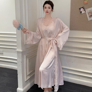 法式冰丝吊带睡衣两件套女带胸垫女士纯欲性感睡裙长款睡袍高级感