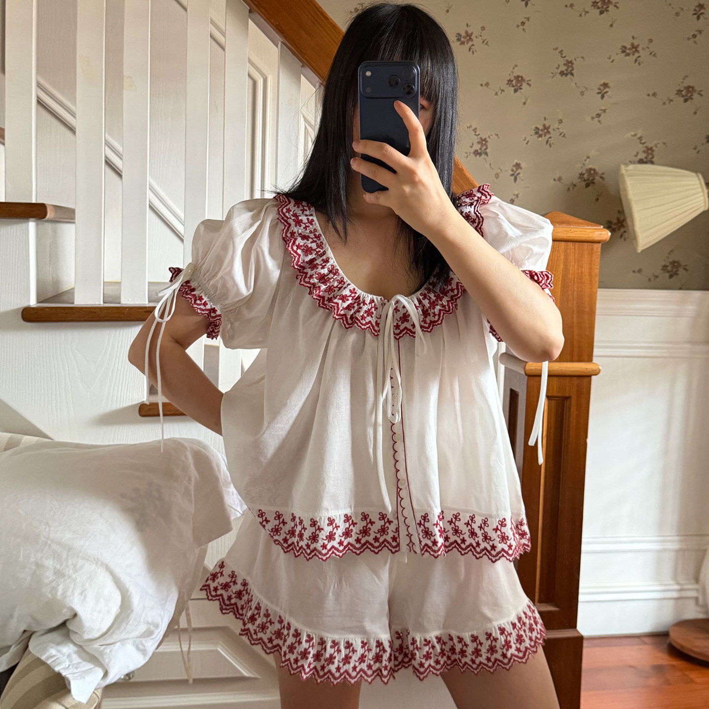 女士宫廷风短袖短裤睡衣女纯棉2026新款夏少女全棉女款家居服套装