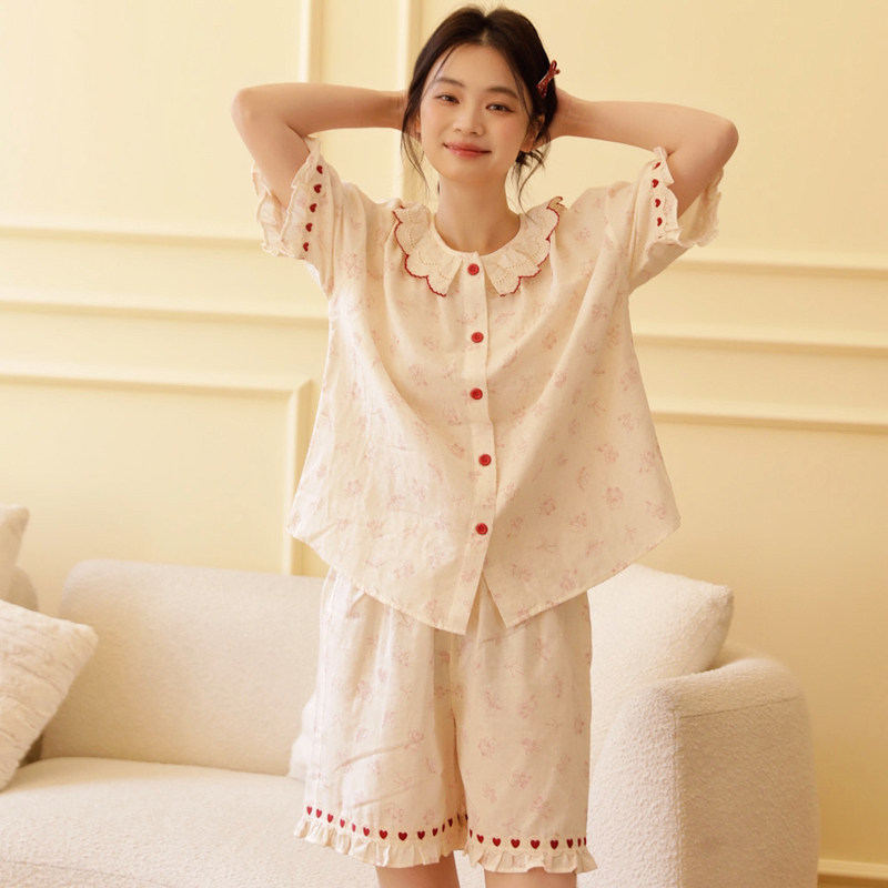 纯棉短袖短裤睡衣套装女2026新款夏季薄款女款棉纱纱布家居服套装