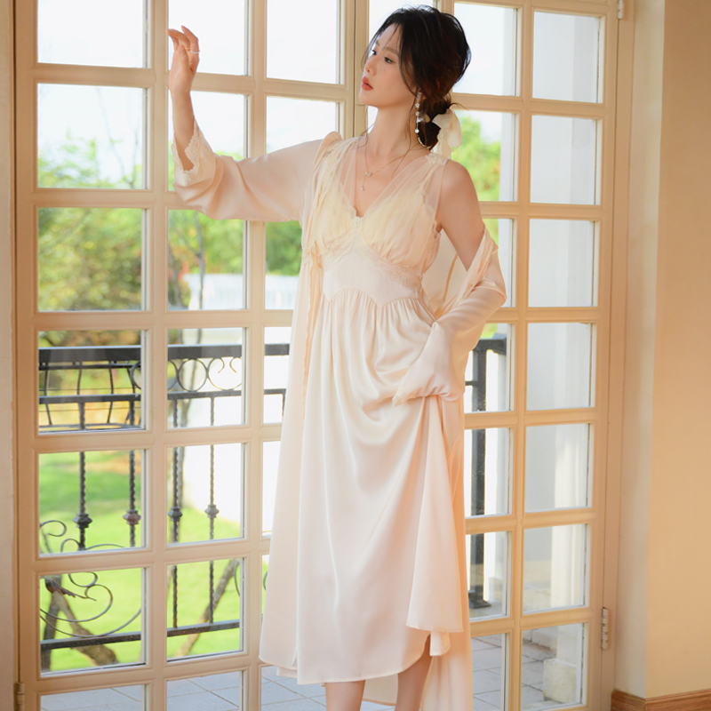 女士带胸垫冰丝吊带睡衣两件套女款高级感性感纯欲风睡裙睡袍夏季