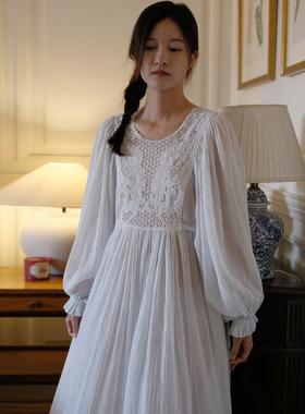 法式长袖睡裙女2026新款夏长款公主风白色宫廷风睡衣女纯棉连衣裙