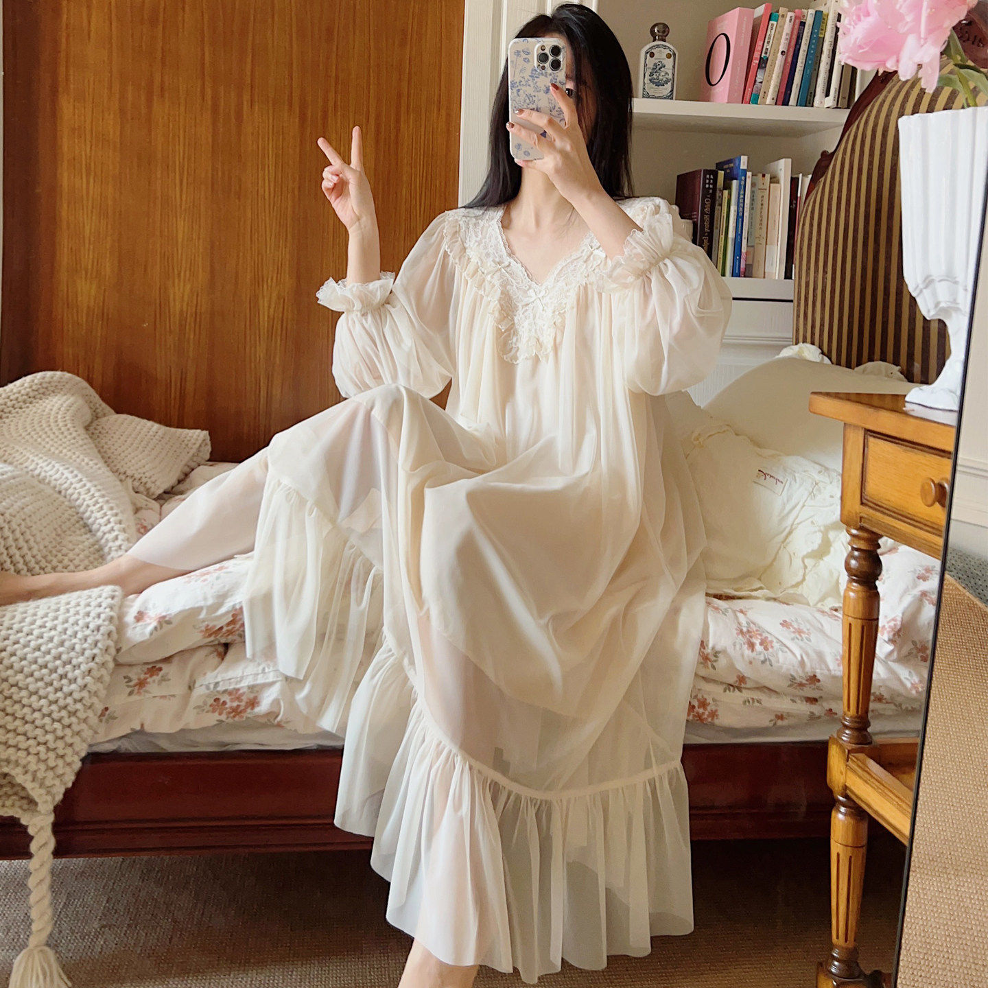 法式女士长袖睡裙2026新款女款纯棉仙女宫廷风网纱睡衣晨袍女新娘