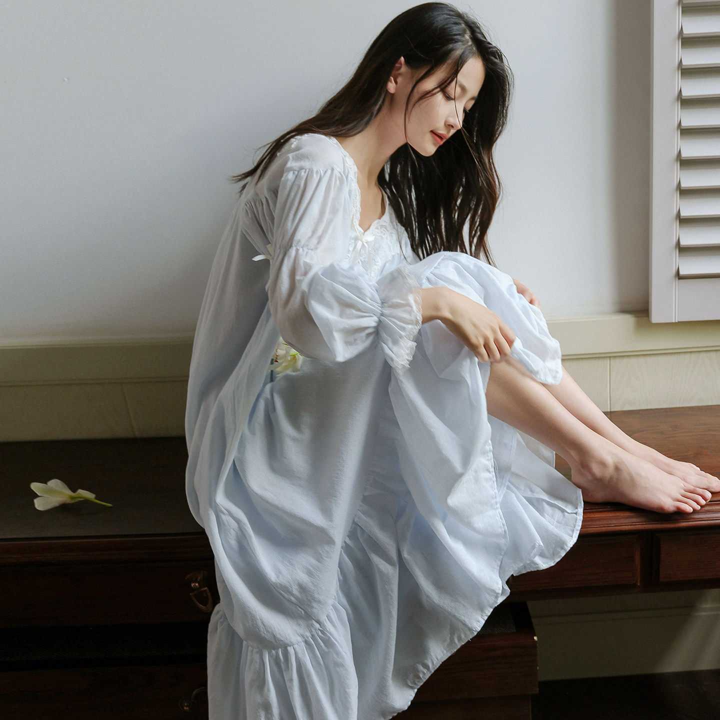 法式女士宫廷风睡裙女款纯棉长款白色蕾丝甜美长袖公主睡衣女夏季