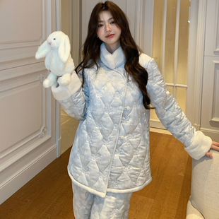 新中式冬季特厚三层夹棉睡衣女加厚女款国风冬天家居服套装可外穿