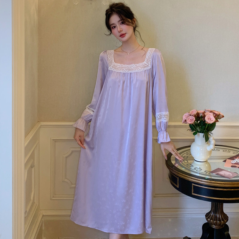 秋季缎面长袖睡裙女款2026新款性感精致高级感轻奢冰丝睡衣女春秋