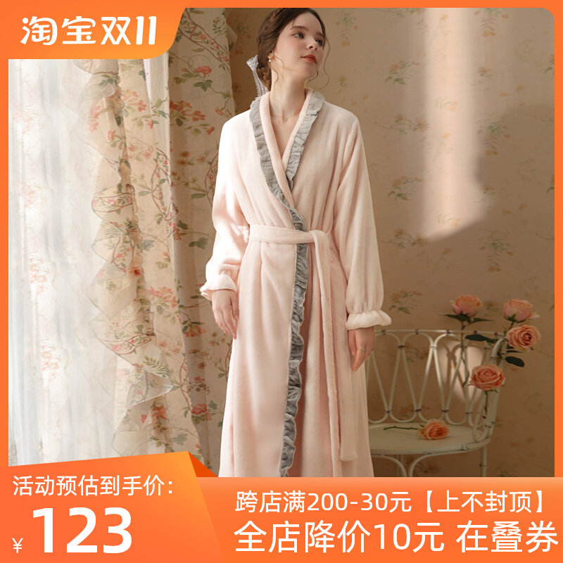 冬季女士法兰绒睡袍女加绒珊瑚绒睡裙性感女款浴袍公主风睡衣长袍
