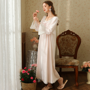 女士长袖睡裙女款纯棉冬季大码秋冬高级粉色法式宫廷风睡衣女长款