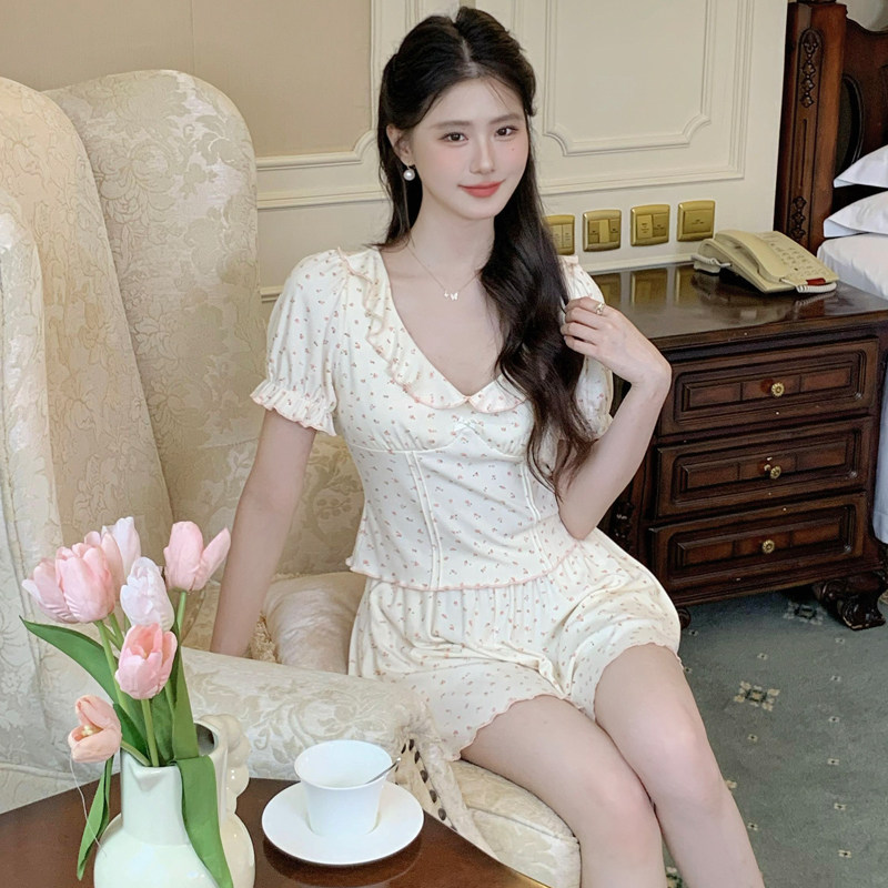 法式带胸垫碎花睡衣女夏款纯棉短袖短裤女款可外穿女士家居服套装